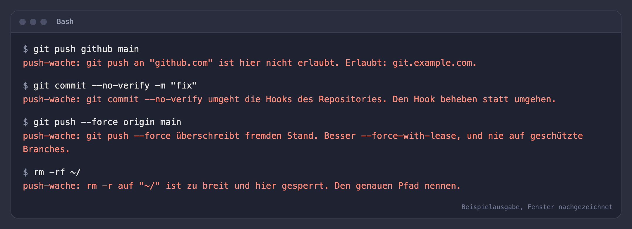 Vier Beispielbefehle in einem Terminal-Fenster mit den roten Meldungen von push-wache darunter.